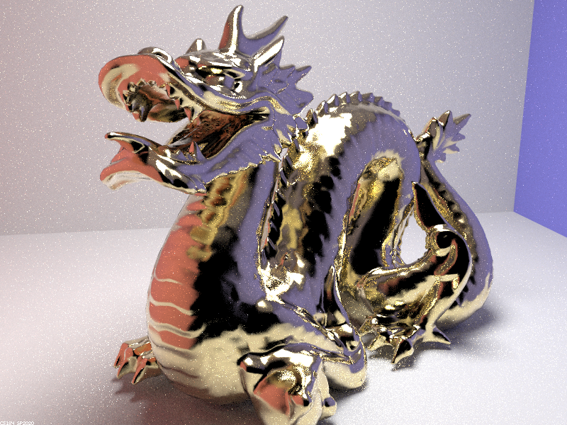 Gold dragon rendered with lens radius 0.0