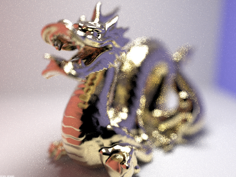 Gold dragon rendered with lens radius 0.05