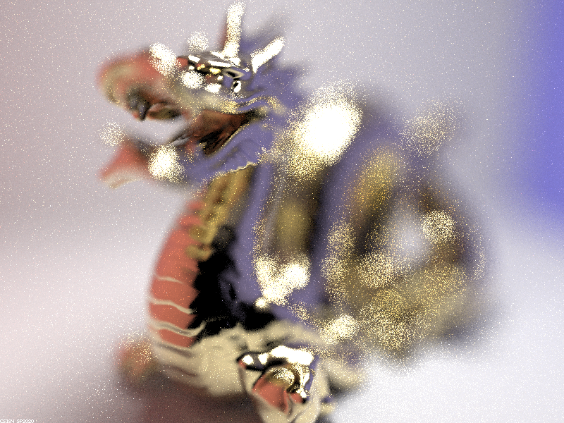 Gold dragon rendered with lens radius 0.1